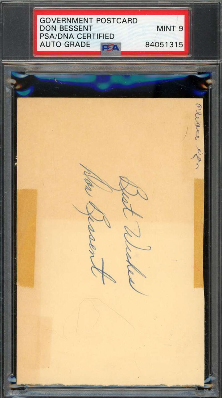Don Bessent Mint 9 PSA DNA Coa Signed 1956 Government Postcard Autograph