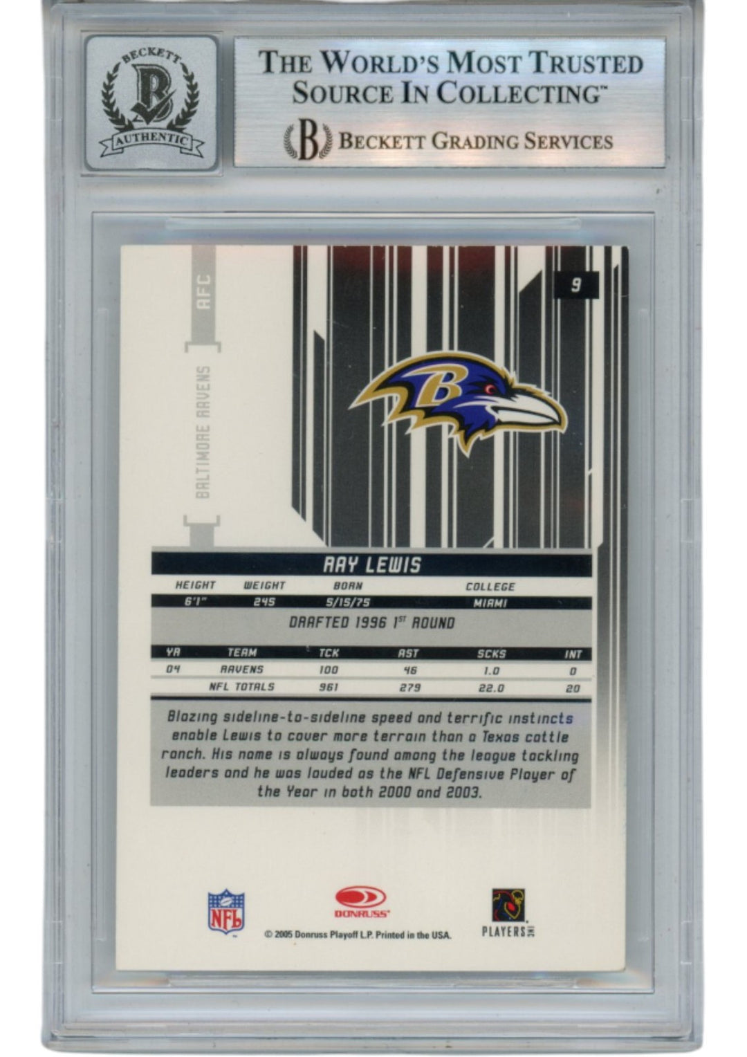 Ray Lewis Autographed 2005 Leaf Rookies & Stars #9 Trading Card Beckett 53025