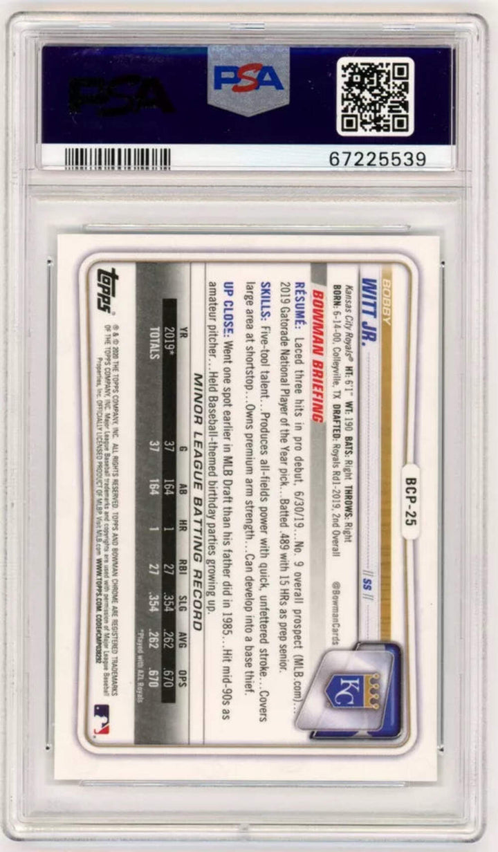 Graded 2020 Topps Bowman Chrome Bobby Witt Jr. #BCP25 RC Baseball Card PSA 10