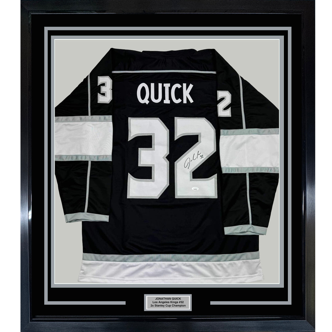 Framed Autographed/Signed Jonathan Quick 35x39 Los Angeles LA Black Hockey Jerse