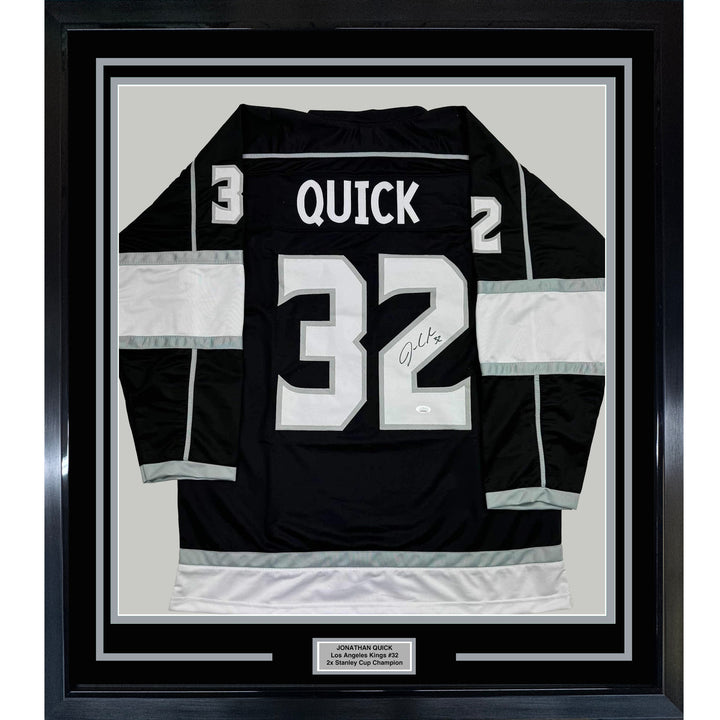 Framed Autographed/Signed Jonathan Quick 35x39 Los Angeles LA Black Hockey Jerse