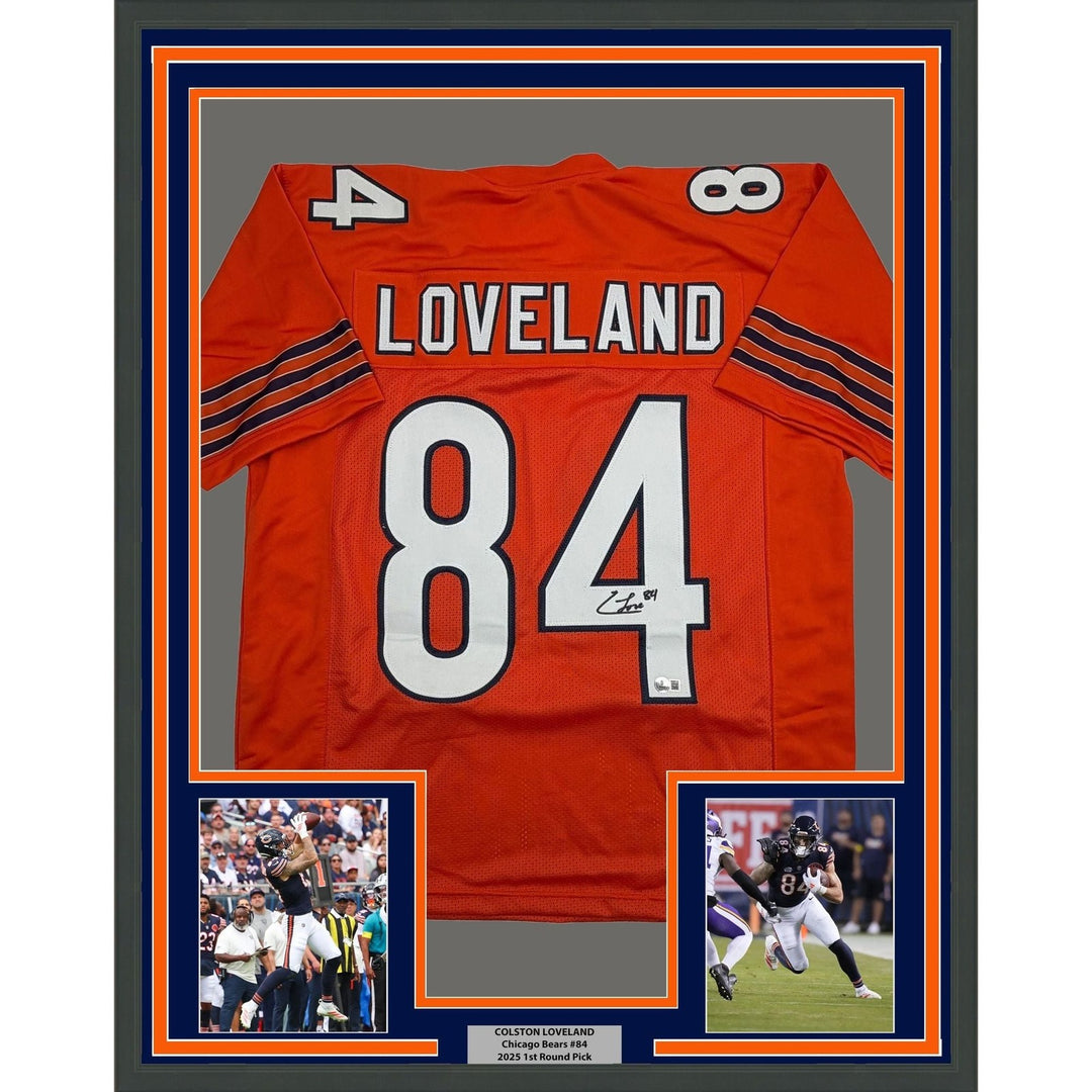Framed Autographed/Signed Colston Loveland 35x39 Orange Jersey Beckett COA