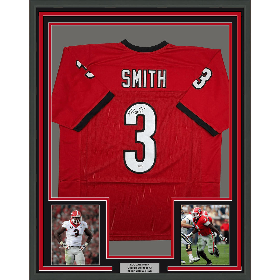Framed Autographed Roquan Smith 35x39 Georgia Red Football Jersey BAS COA