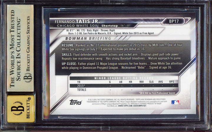 Fernando Tatis Jr Signed 2016 Bowman Prospect RC BP17 BGS 9.5 Sig 10 Beckett