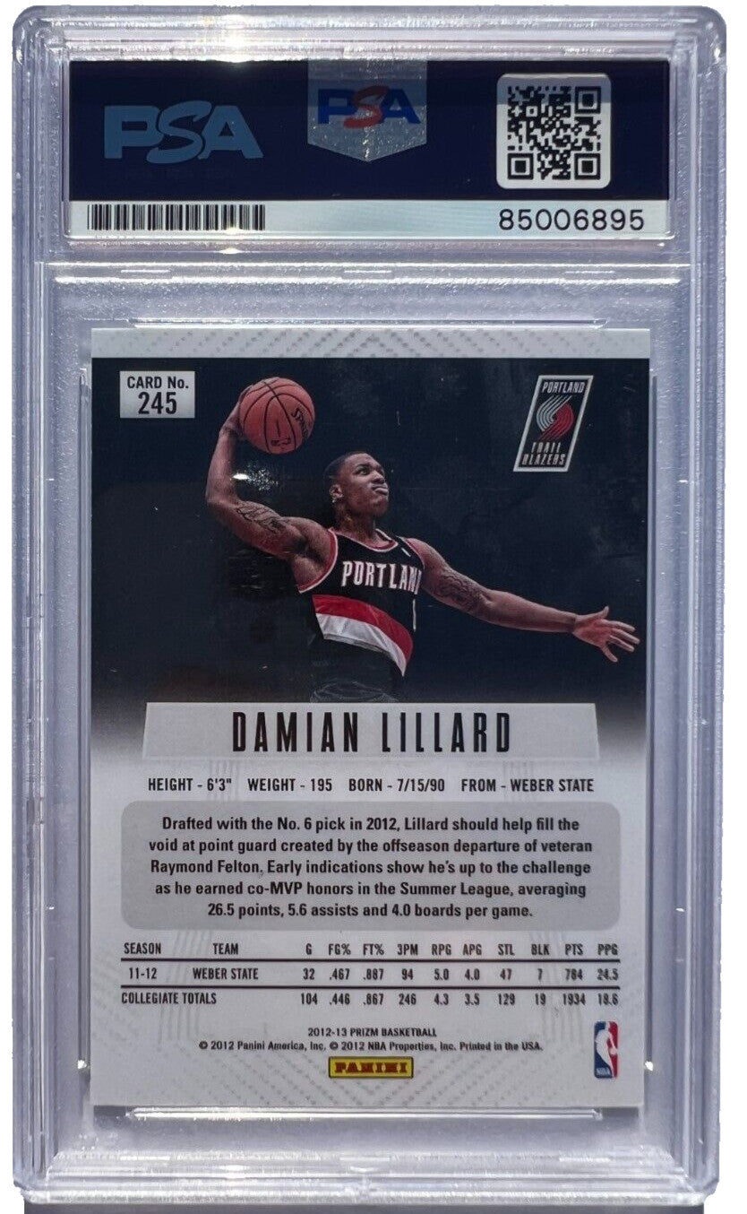 DAMIAN LILLARD SIGNED 2012-13 PANINI PRIZM ROOKIE CARD #245 RC AUTO 10 PSA/DNA