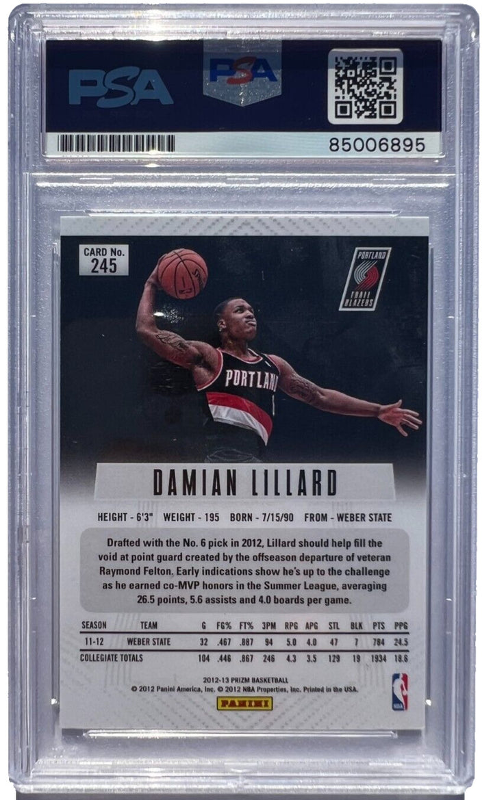 DAMIAN LILLARD SIGNED 2012-13 PANINI PRIZM ROOKIE CARD #245 RC AUTO 10 PSA/DNA