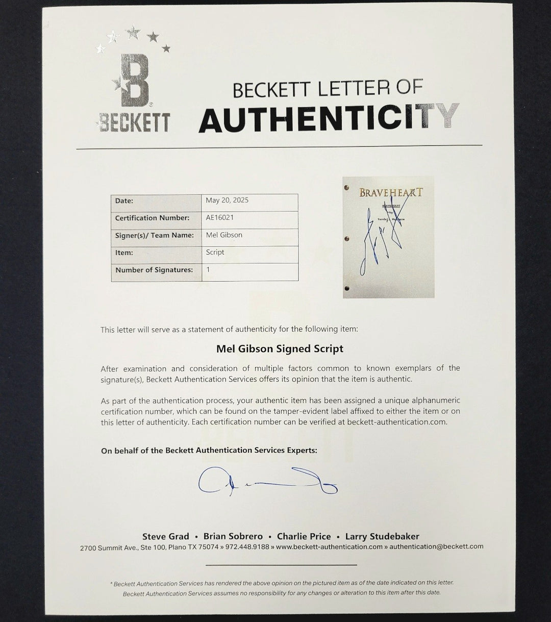 Mel Gibson signed Braveheart Movie Script autograph ~ Beckett BAS