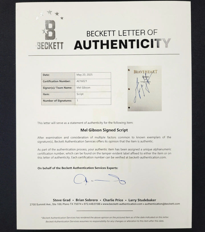 Mel Gibson signed Braveheart Movie Script autograph ~ Beckett BAS