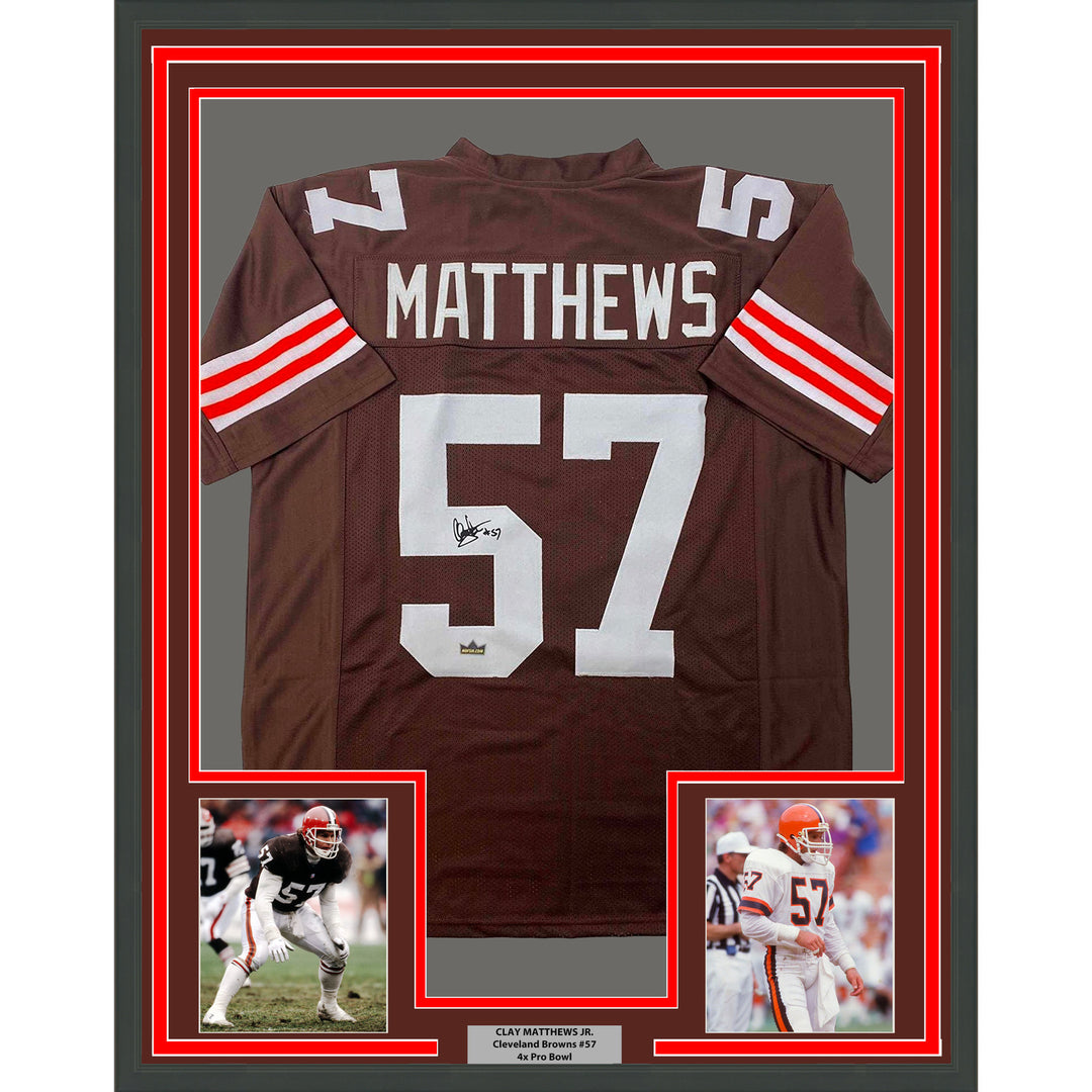 Framed Facsimile Autographed Clay Matthews Jr. 33x42 Reprint Laser Auto Jersey