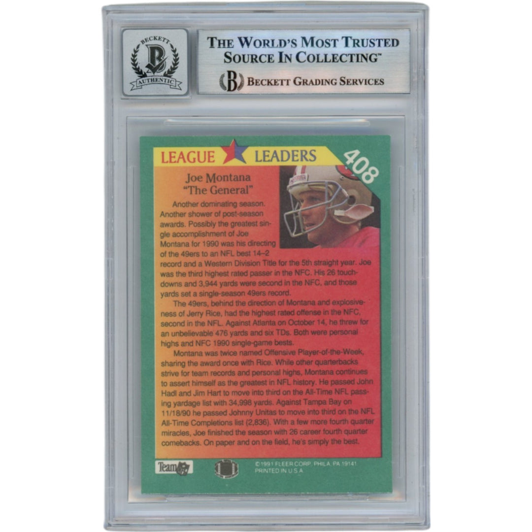 Joe Montana Autographed/Signed 1991 Fleer #408 Slab Trading Card Beckett 49956