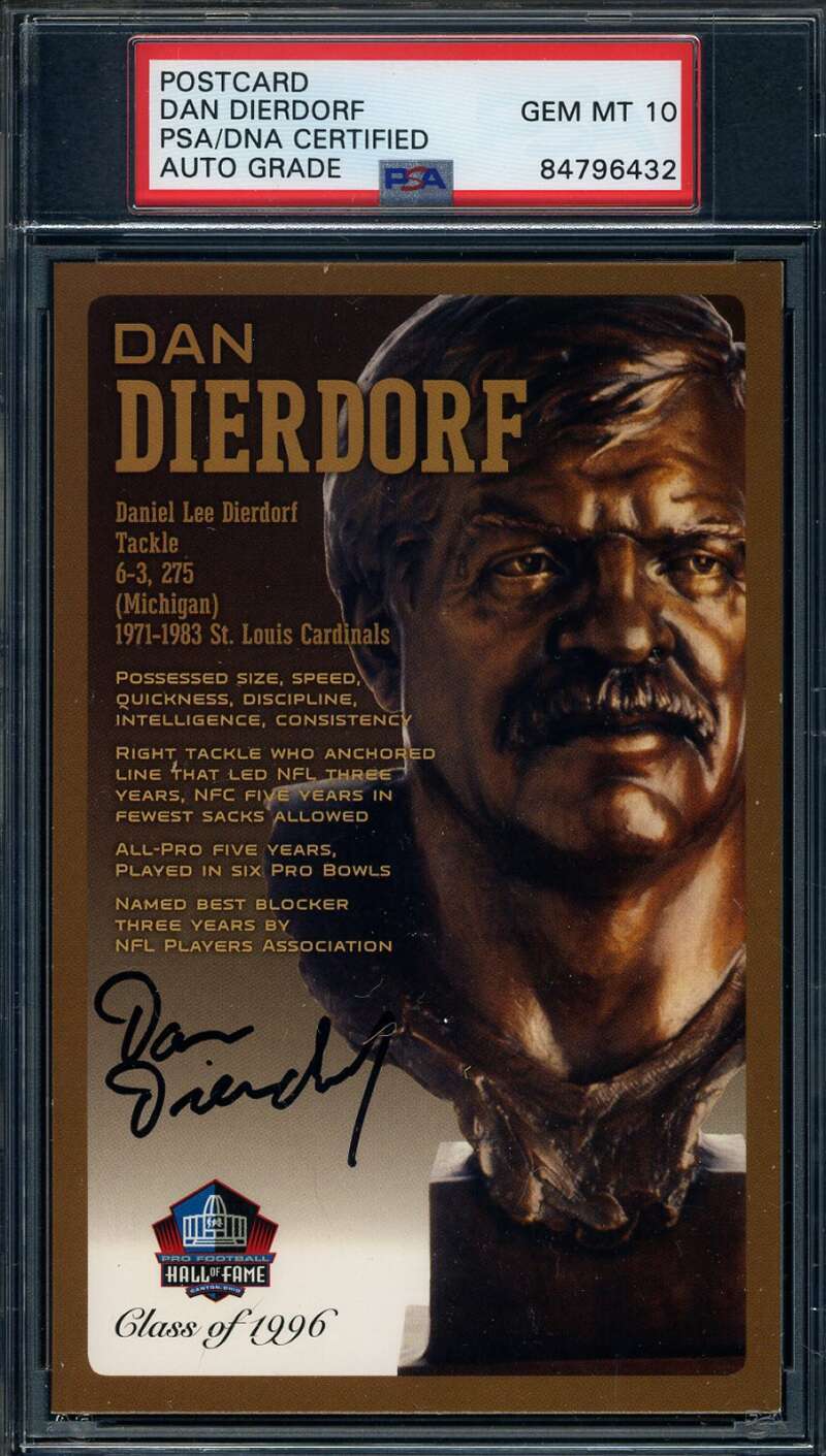 Dan Dierdorf Gem Mint 10 PSA DNA Signed HOF Bronze Bust Postcard Autograph
