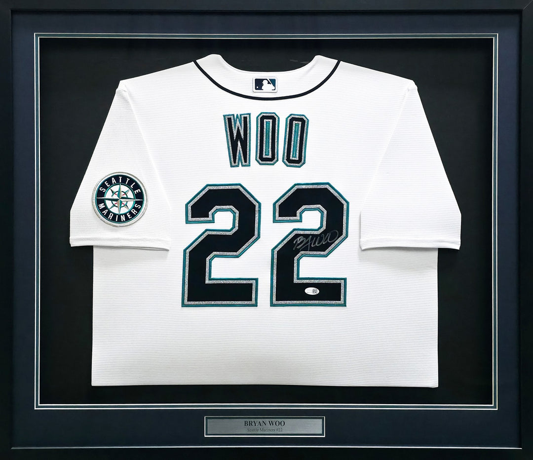 Bryan Woo Signed Mariners Framed White Nike Jersey JSA Witness
