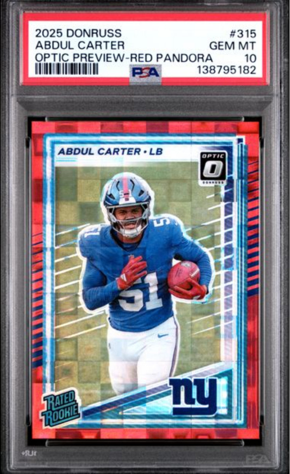 Graded 2025 Panini Donruss Abdul Carter 315 Optic Red Pandora Rookie Card PSA 10