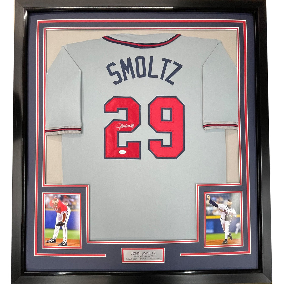 FRAMED Autographed/Signed JOHN SMOLTZ 33x42 Atlanta Grey Jersey JSA COA