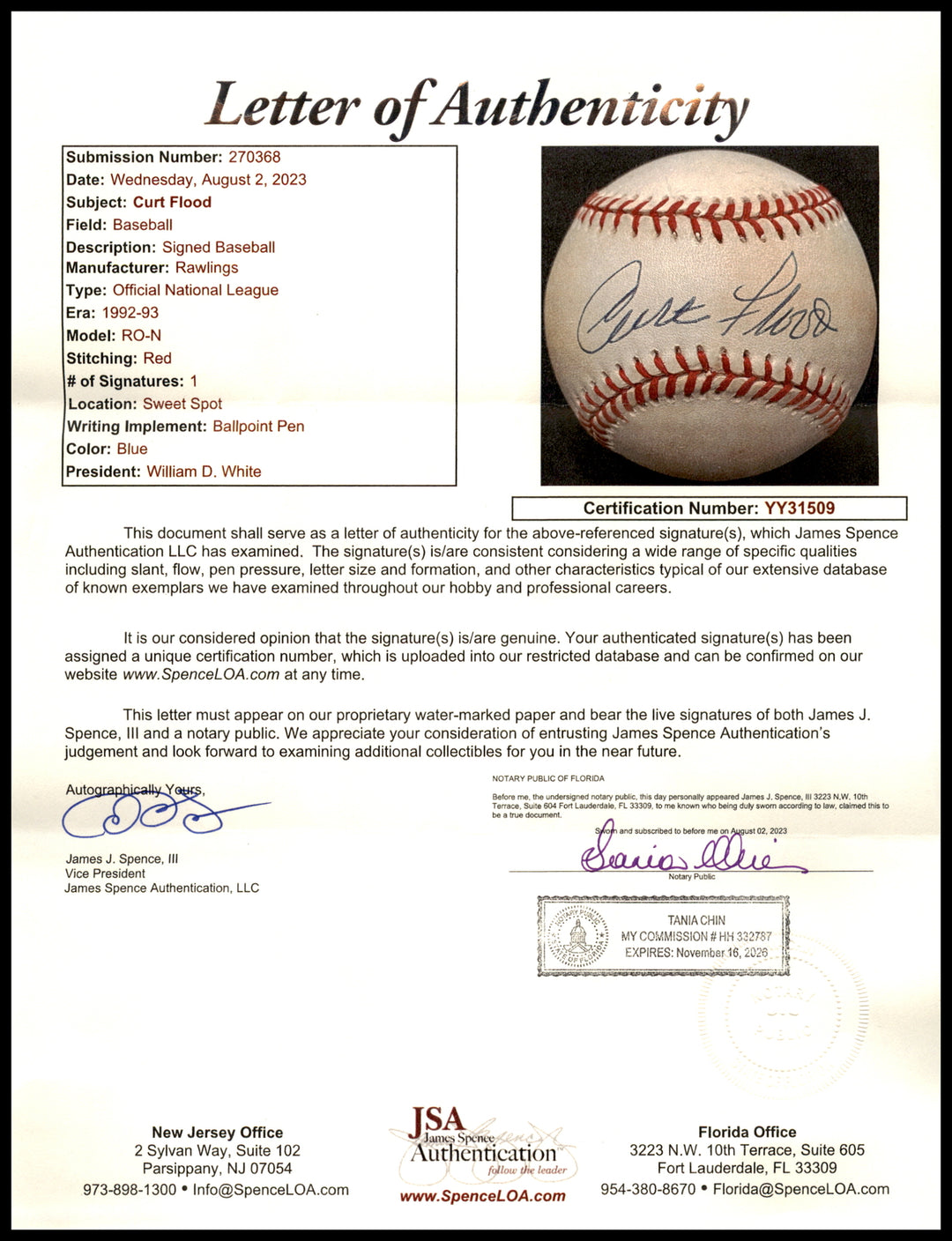Curt Flood Autographed Signed NL Baseball Cardinals Single Signed JSA #YY31509