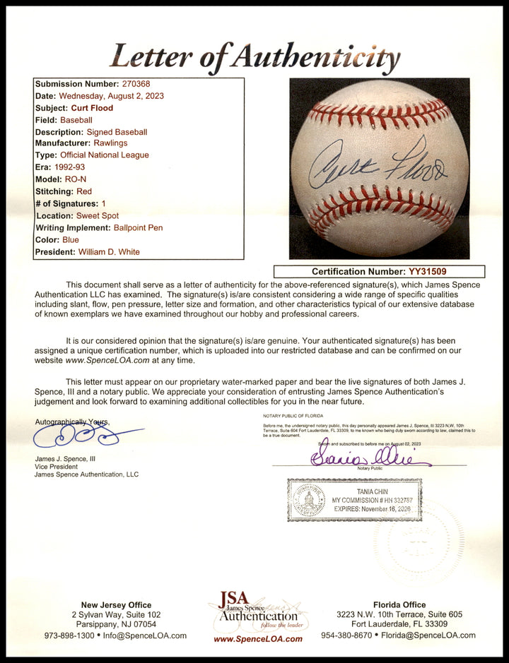 Curt Flood Autographed Signed NL Baseball Cardinals Single Signed JSA #YY31509
