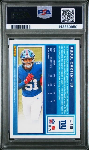 Graded 2025 Panini Donruss Abdul Carter #315 Rookie RC Card PSA 10 Gem