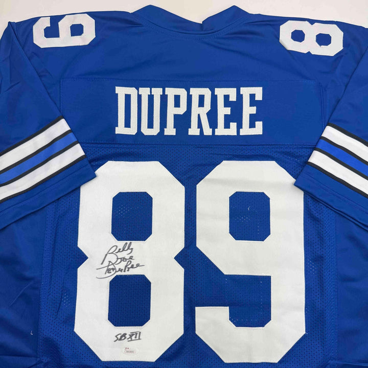 Autographed/Signed Billy Joe DuPree SB XII Dallas Blue Football Jersey JSA COA