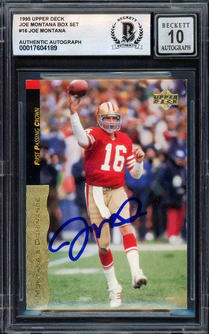 Joe Montana Signed 1995 Upper Deck Card 16 49ers Auto GM 10 Beckett #17604189