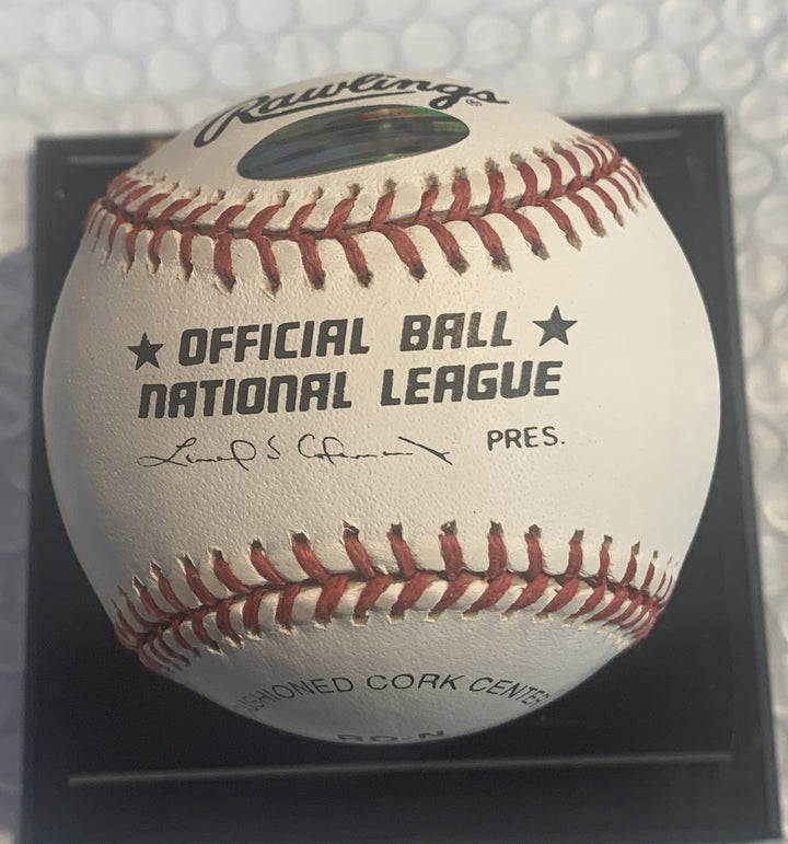 ERNIE BANKS SIGNED NL BASEBALL INSCRIBED LET'S PLAY TWO Autograph Cubs Steiner