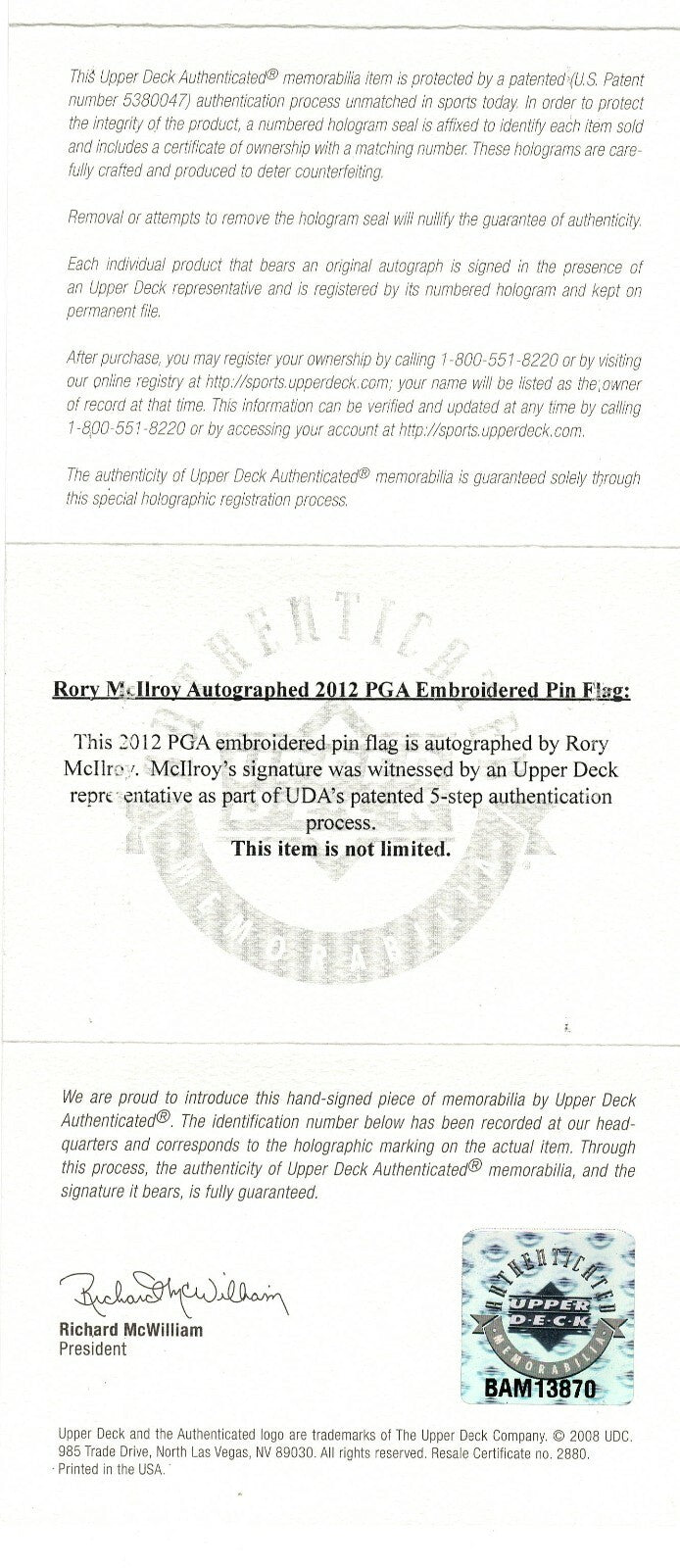 Rory McIlroy Signed 2012 PGA Golf Championship Pin Flag Framed UDA COA Autograph