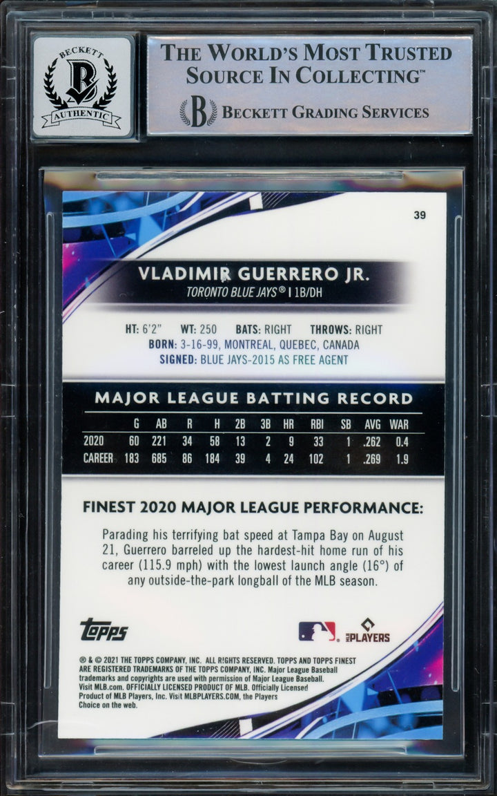 Vladimir Guerrero Jr. Auto 2021 Topps Finest Card 39 Blue Jays Auto 10 Beckett