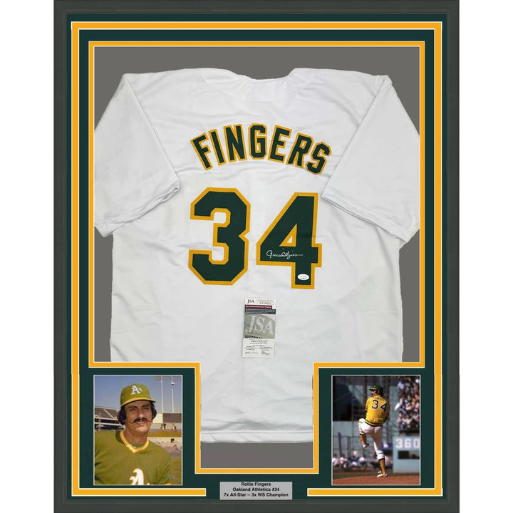 Framed Autographed/Signed Rollie Fingers 35x39 Oakland White Jersey JSA COA