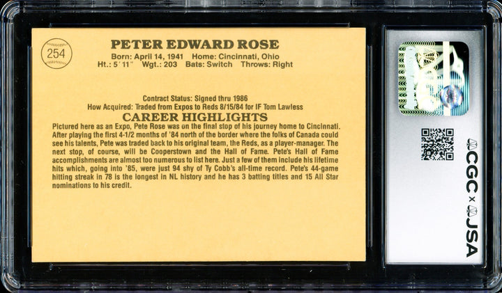 Pete Rose Signed 1985 Donruss Card 254 Montreal Expos CGC x JSA