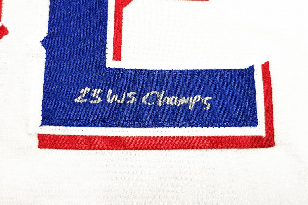Rangers Evan Carter Signed White Nike Jersey Size XLT "23 WS Champs" Beckett Wit
