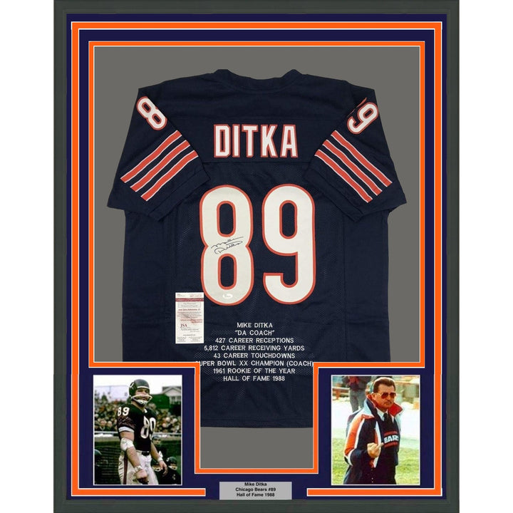 Framed Autographed/Signed Mike Ditka 35x39 Chicago Blue Stat Jersey JSA COA
