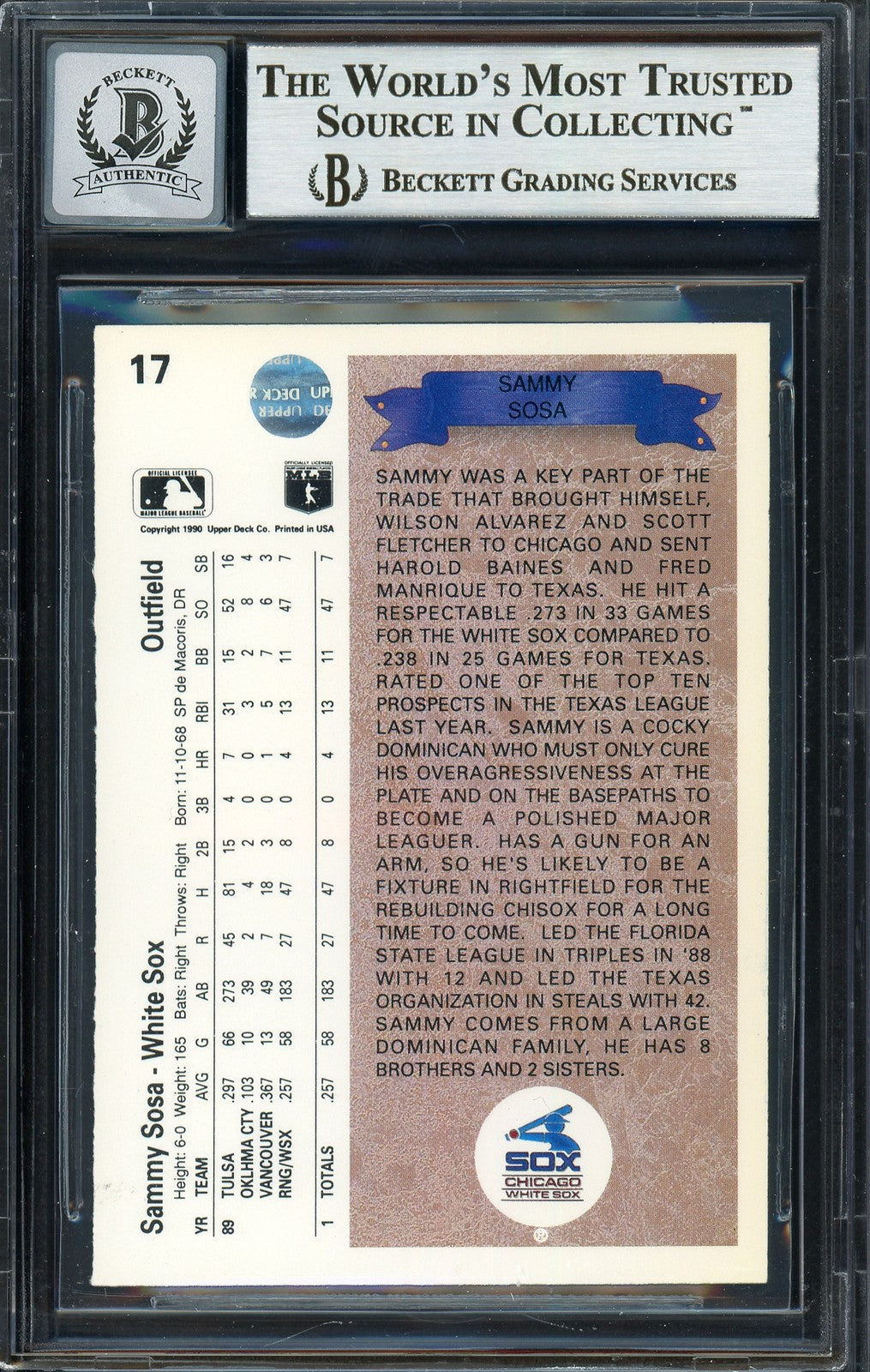 Sammy Sosa Signed 1990 Upper Deck RC 17 White Sox Auto GM 10 "609 HR" Beckett