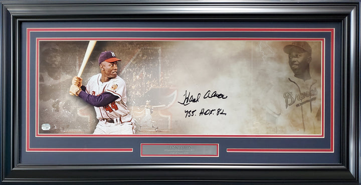 Hank Aaron Signed Framed 10x30 Panoramic Photo Braves "755 HOF 82" Fanatics