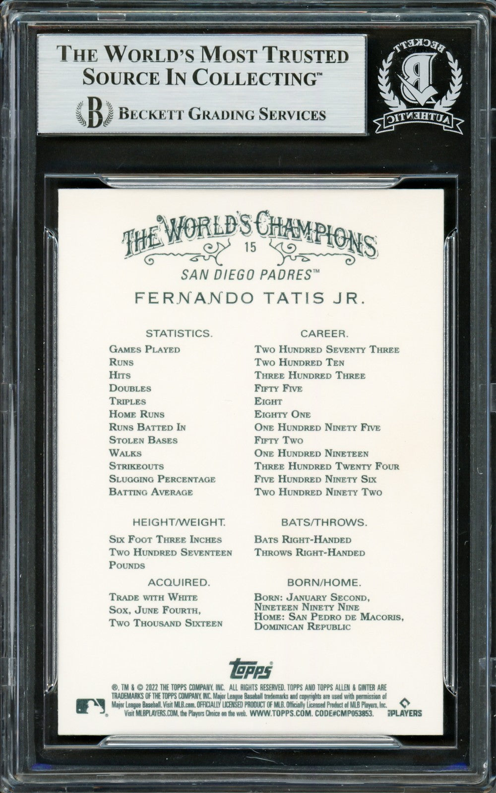 Fernando Tatis Jr. Signed 2022 Topps Allen & Ginter Card 15 Padres Beckett