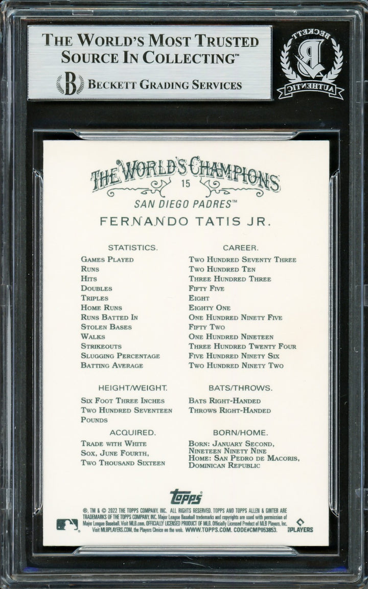 Fernando Tatis Jr. Signed 2022 Topps Allen & Ginter Card 15 Padres Beckett
