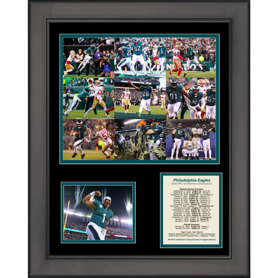 Framed Philadelphia Eagles 2022 NFC Conference Champions Football 11"x14" Three