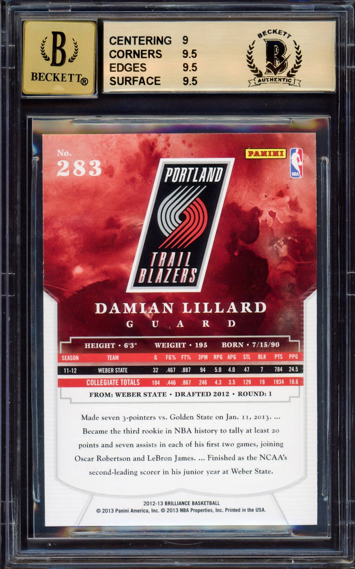 Damian Lillard Auto 2012-13 Panini Brilliance RC 283 Blazers BGS 9.5 Sig 10 BAS