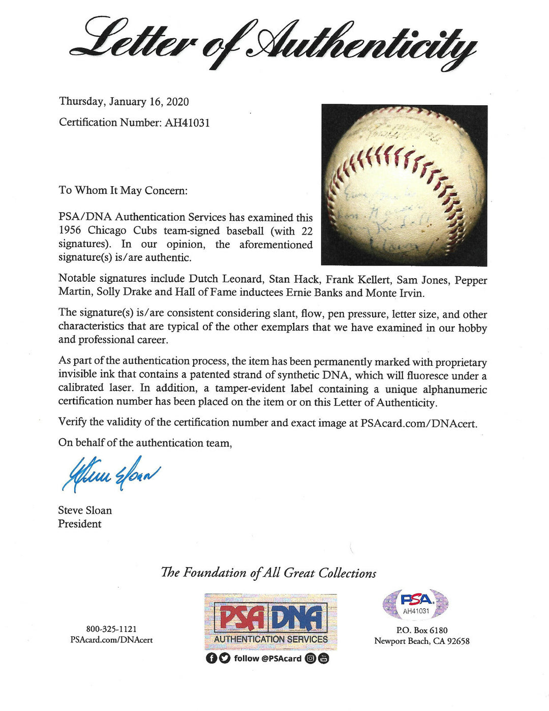 1956 Chicago cubs Team Signed Baseball 21 Auto Ernie Banks Monte Irvin PSA LOA