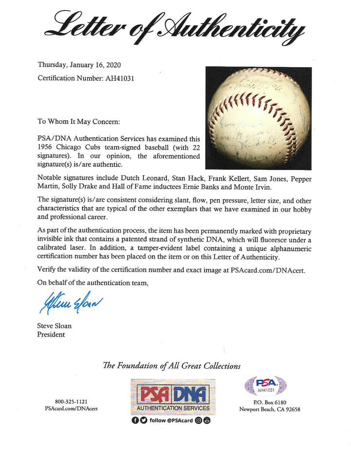 1956 Chicago cubs Team Signed Baseball 21 Auto Ernie Banks Monte Irvin PSA LOA