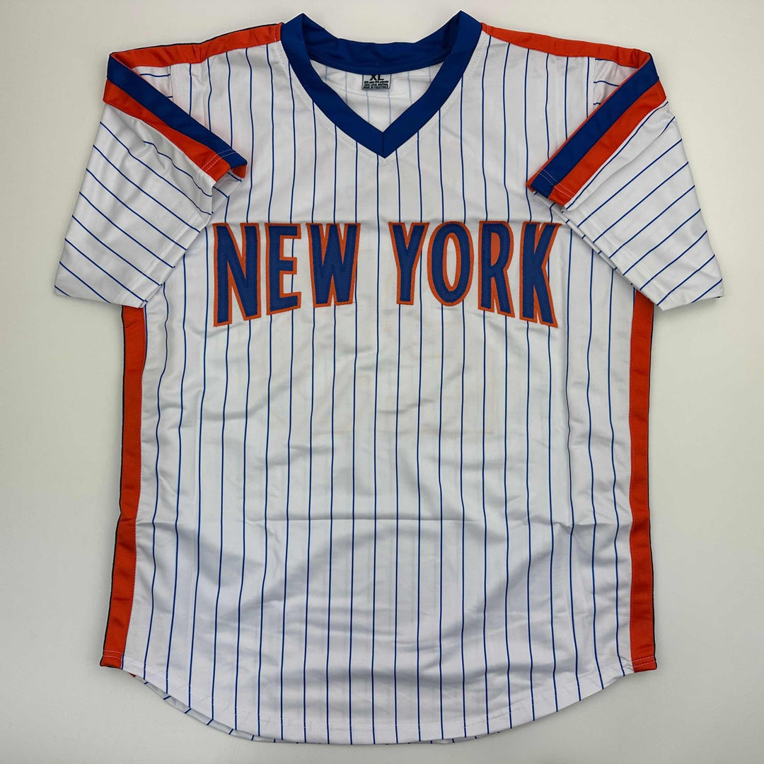 Autographed/Signed Danny Heep 86 WS Champs New York Pinstripe Jersey JSA COA