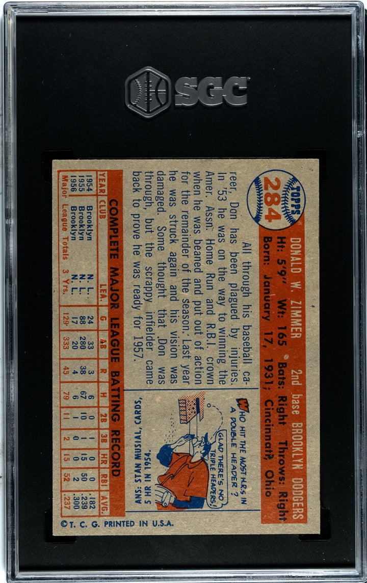 Don Zimmer 1957 Topps Baseball Card #284- SGC Graded 7.5 NM+ (Brooklyn Dodgers)