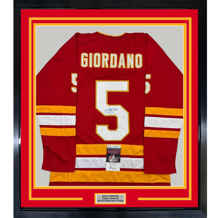 Framed Autographed/Signed Mark Giordano 35x39 Calgary Red Hockey Jersey JSA COA