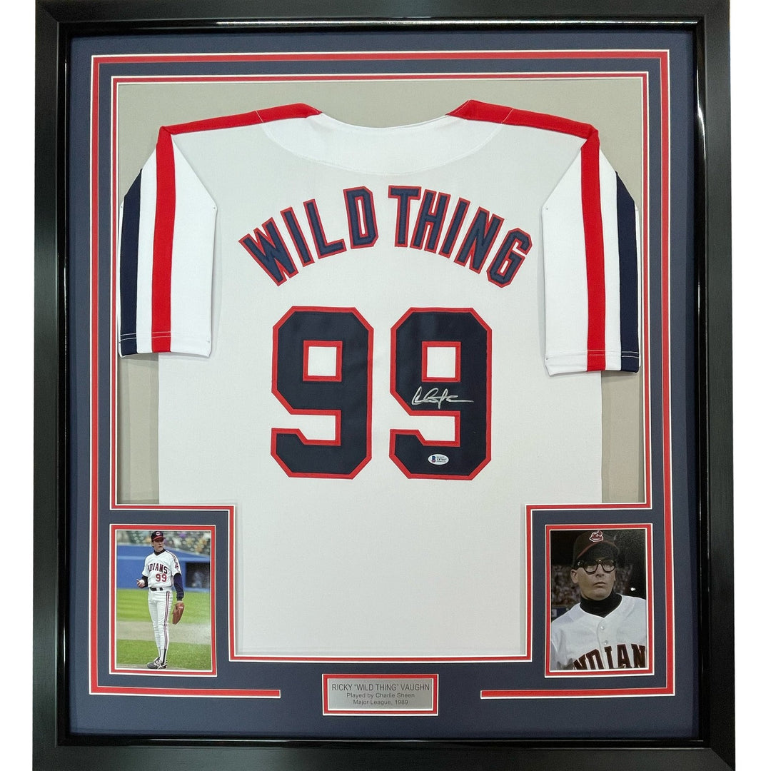 Framed Signed Charlie Sheen 35x39 Wild Thing Vaughn Jersey JSA COA