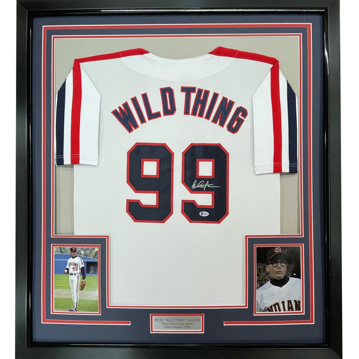 Framed Signed Charlie Sheen 35x39 Wild Thing Vaughn Jersey JSA COA