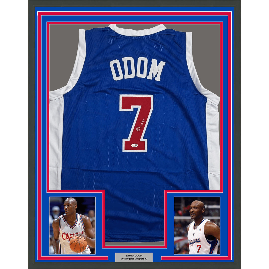Framed Autographed/Signed Lamar Odom 35x39 Los Angeles Blue Jersey JSA COA