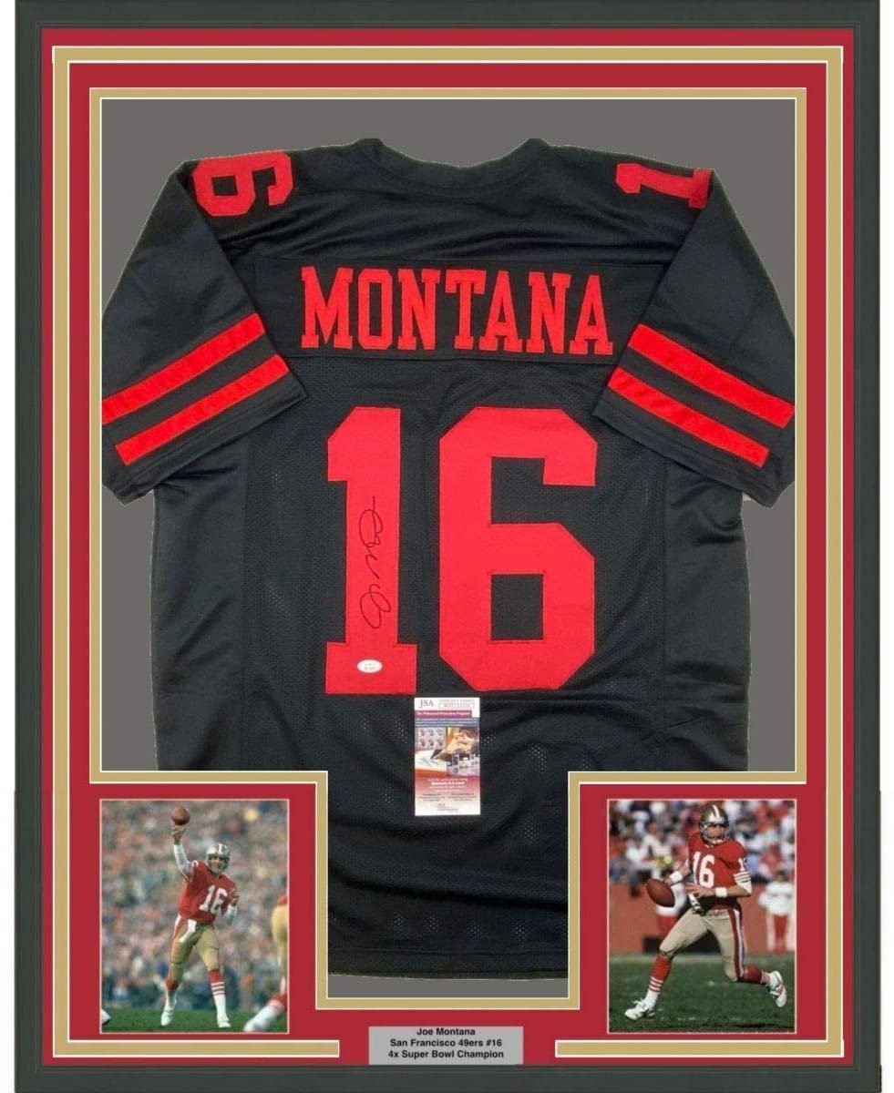 Framed Signed Joe Montana 35x39 San Francisco Black Jersey JSA COA