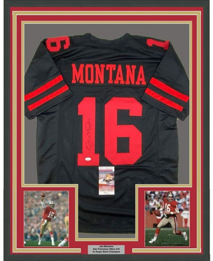 Framed Signed Joe Montana 35x39 San Francisco Black Jersey JSA COA