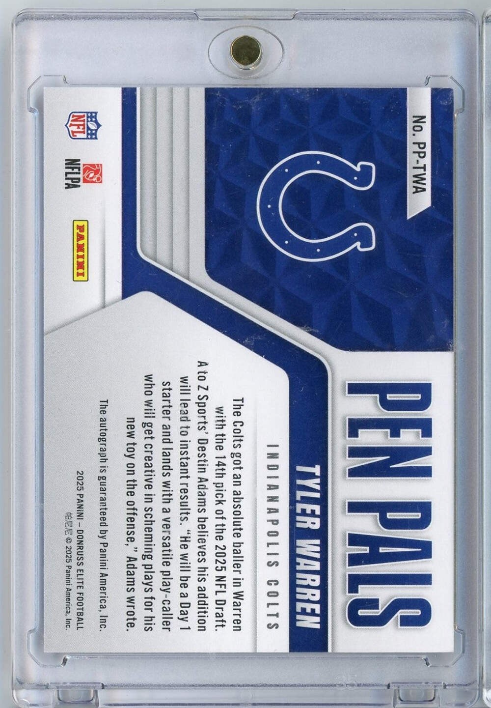 2025 Donruss Elite Pen Pals Purple Tyler Warren #PPTWA Purple Auto Rookie Card