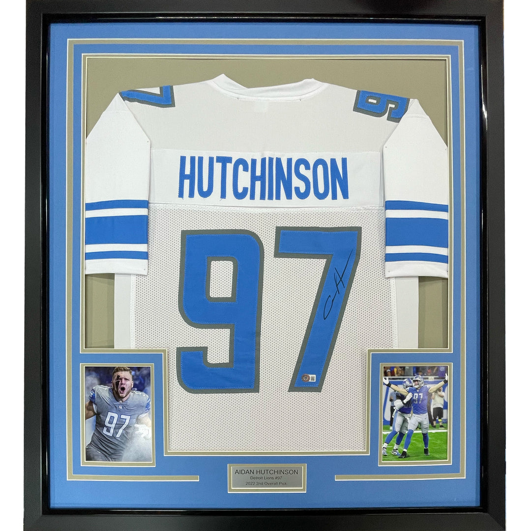 Framed Autographed/Signed Aidan Hutchinson 33x42 White Jersey Beckett BAS COA