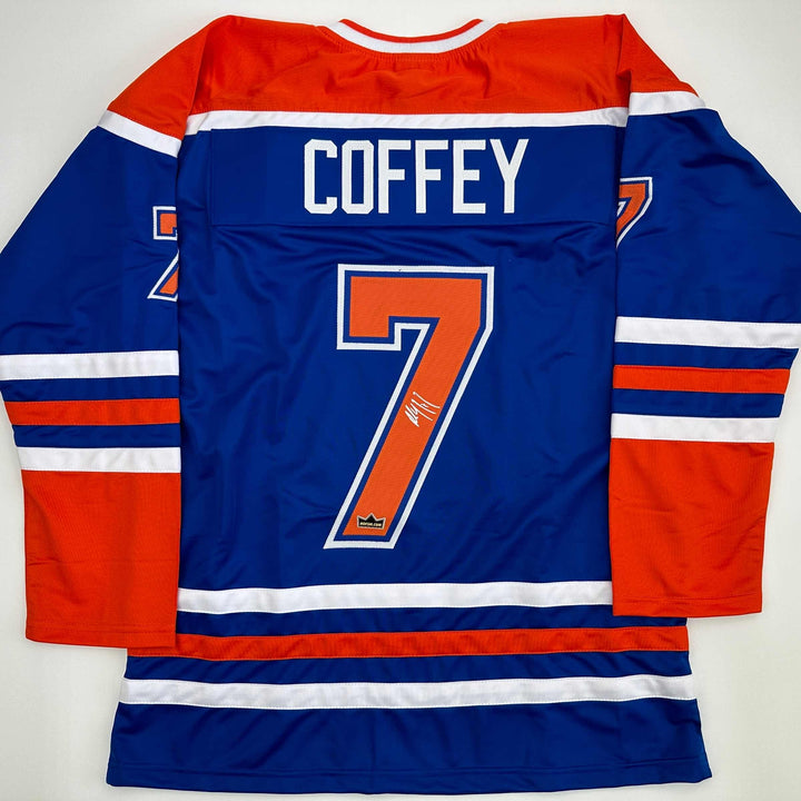 Facsimile Autographed Paul Coffey Edmonton Blue Reprint Jersey Size Men's XL