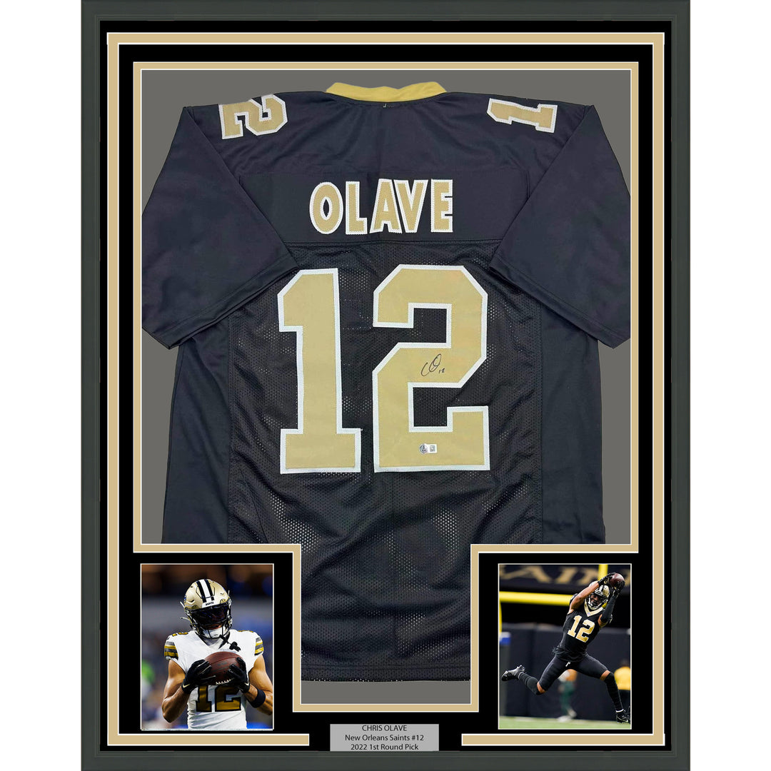 Framed Autographed/Signed Chris Olave 35x39 New Orleans Black Jersey Beckett COA
